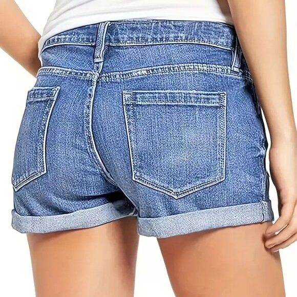 Women's High-Waisted Denim Shorts with Ripped Detail, Rolled Hem 2XL - Picture 3 of 3